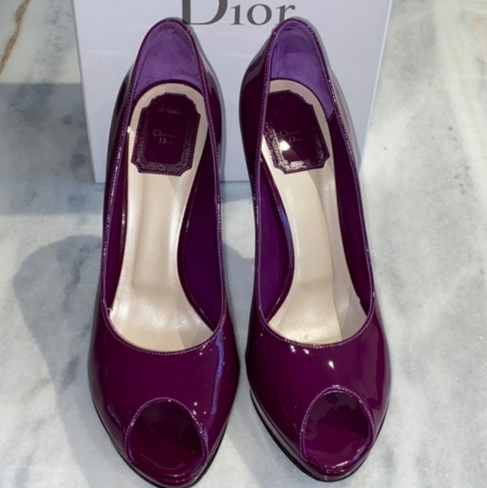 MISS DIOR Logo Classic Peep Toe Pumps Patent Leather Platform Stiletto High Heel - Picture 4 of 16